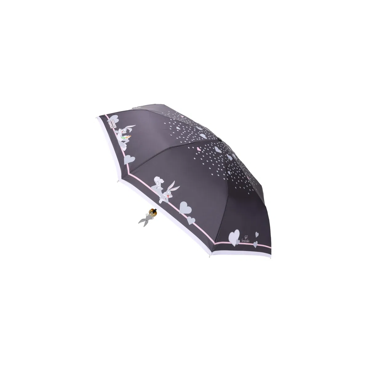 Braccialini Ombrelli Lt Ombrello manuale con impugnatura sagomata a forma di Bugs Bunny. Design romantico su base nera con cuori e grafica di Bugs Bunny. Dettagli rosa a contrasto e logo Looney Tunes