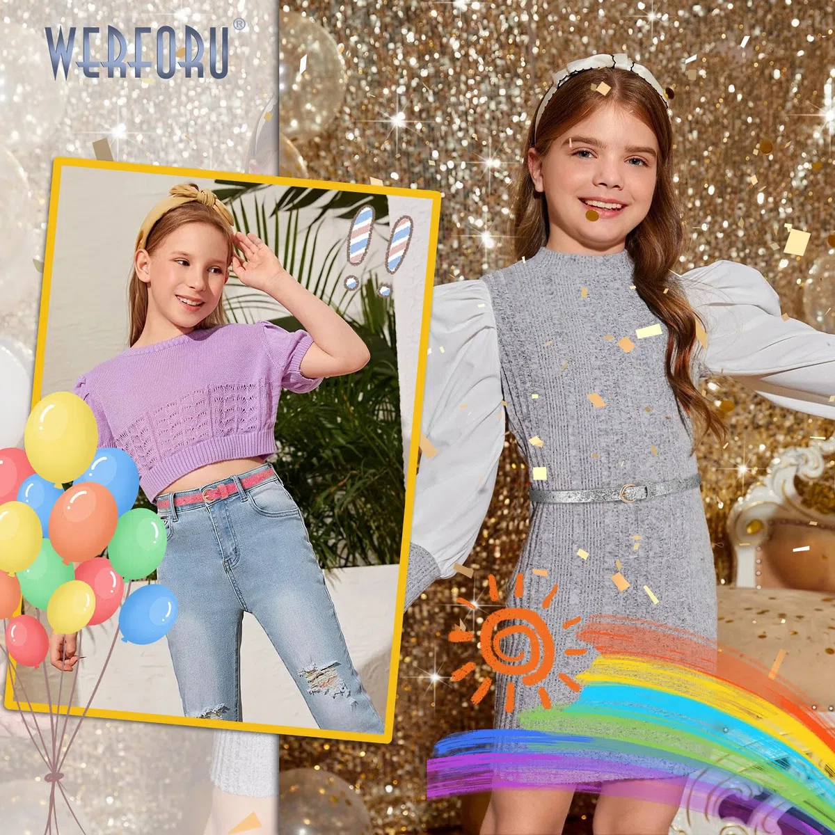 WERFORU Cintura skinny per bambini con glitter in pelle PU cintura per ragazze colorate con fibbia in oro per abiti jeans