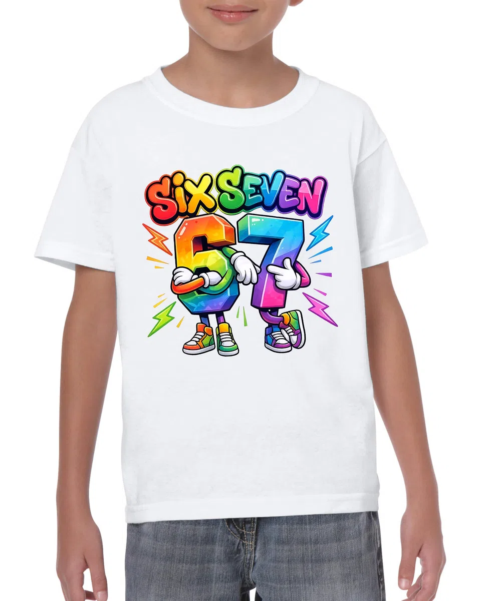Maglietta Meme Bambini Six Seven 6 7 Meme t-Shirt Taglia Bambini Bianca o Nera v.2