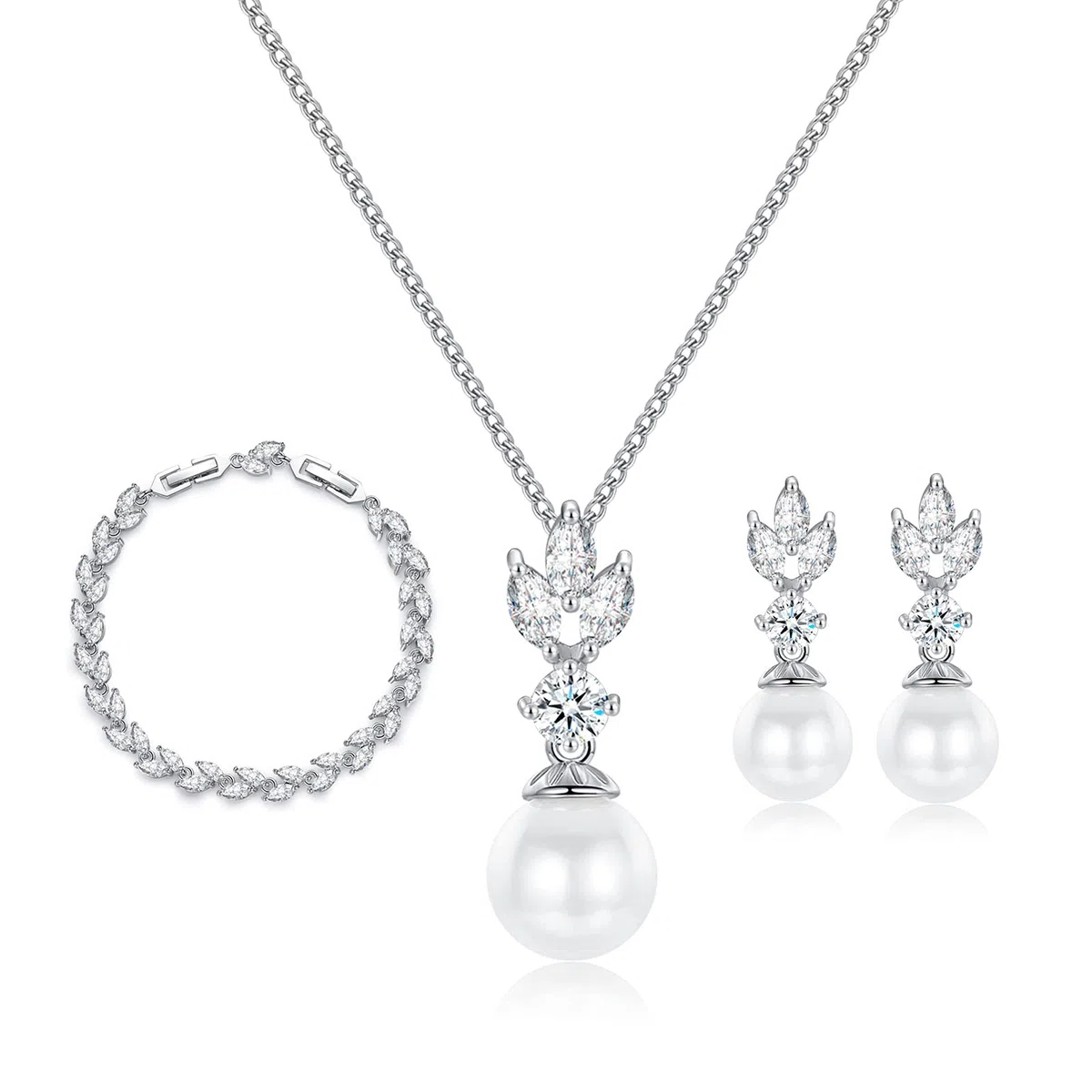 Parure di gioielli in argento 925 da donna, per matrimonio, composta di perle, orecchini, collana e bracciale, set di gioielli da sposa con zirconi scintillanti 5A in argento 925, ottimo regalo per sposa o damigella d'onore