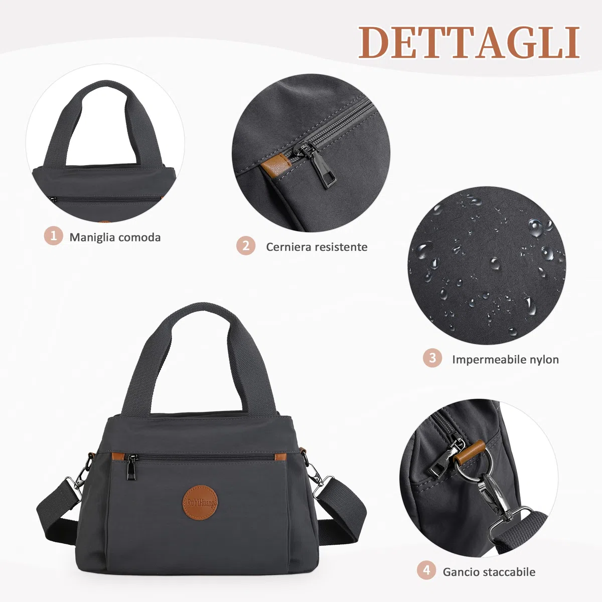 DIRRONA Borsa A Tracolla Donna - Borsa A Mano Multitasche Grande, Con Cinghia Regolabile E Manico Superiore, In Nylon Lavabile, Per Scuola, Lavoro E Viaggio - Borsa Moda Donna Grigio freddo