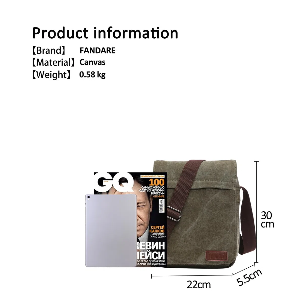 FANDARE New Borsa a Tracolla Uomo Affari Studente Viaggio Portatile Crossbody Bag Grande Capacità Multi-pocket Traspirante Tela