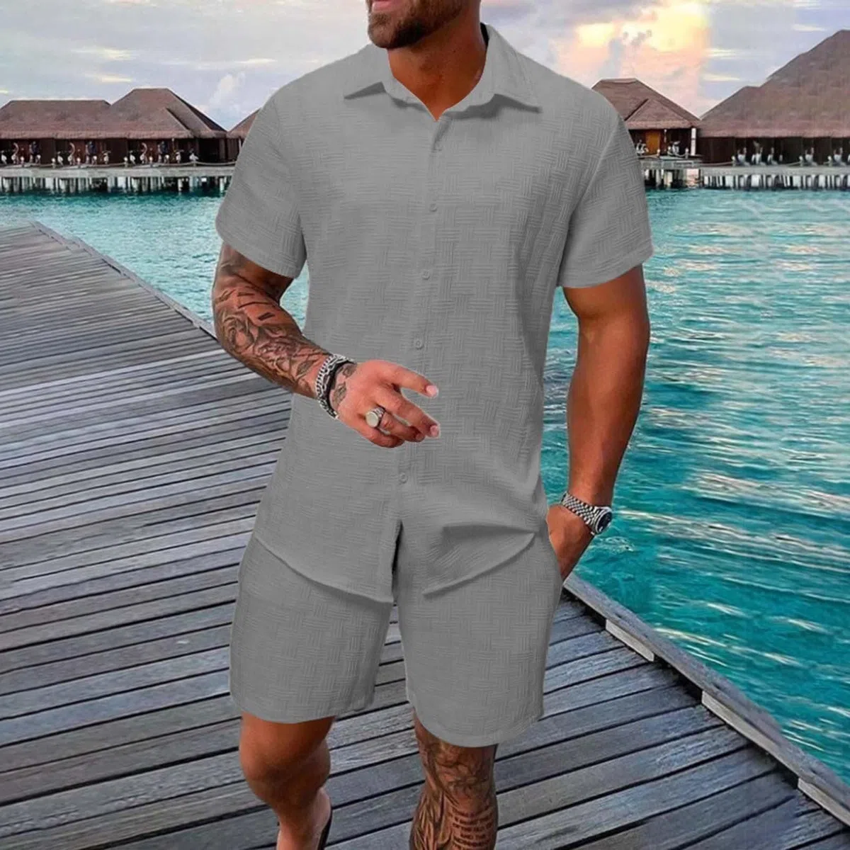 Generico Completo Estivo Da Uomo Comodi Traspirante Completi Sportivo Elegante Casual Leggeri Camicia E Pantaloncini Spiaggia Cotone Abbigliamento Outfit Con Coulisse Jogging Vacanza Tuta Palestra