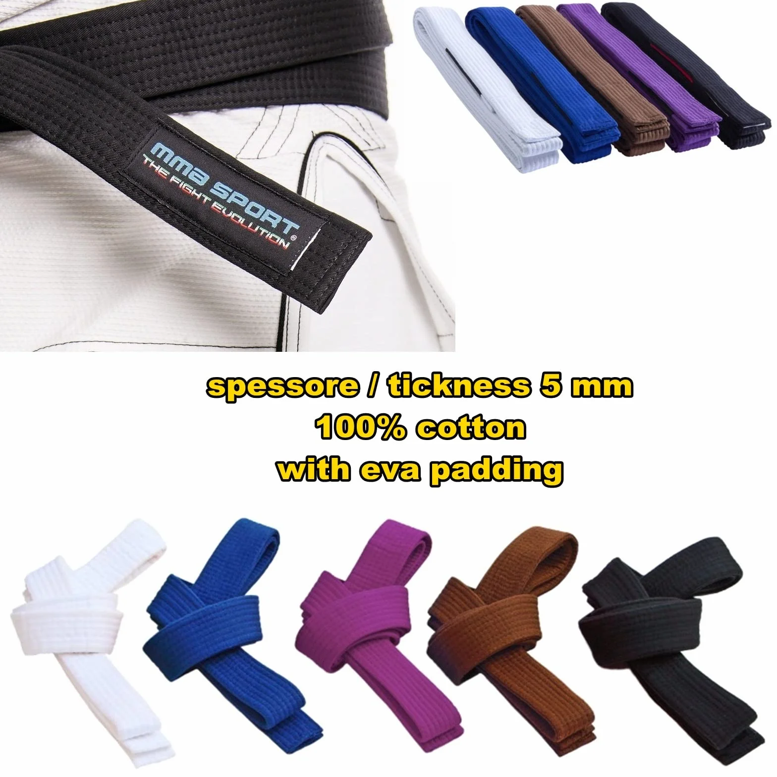 mmasport Cintura BJJ Belt Jiu Jitsu Kimono - gi 100% Cotone Spessore 5 mm Imbottita in Eva