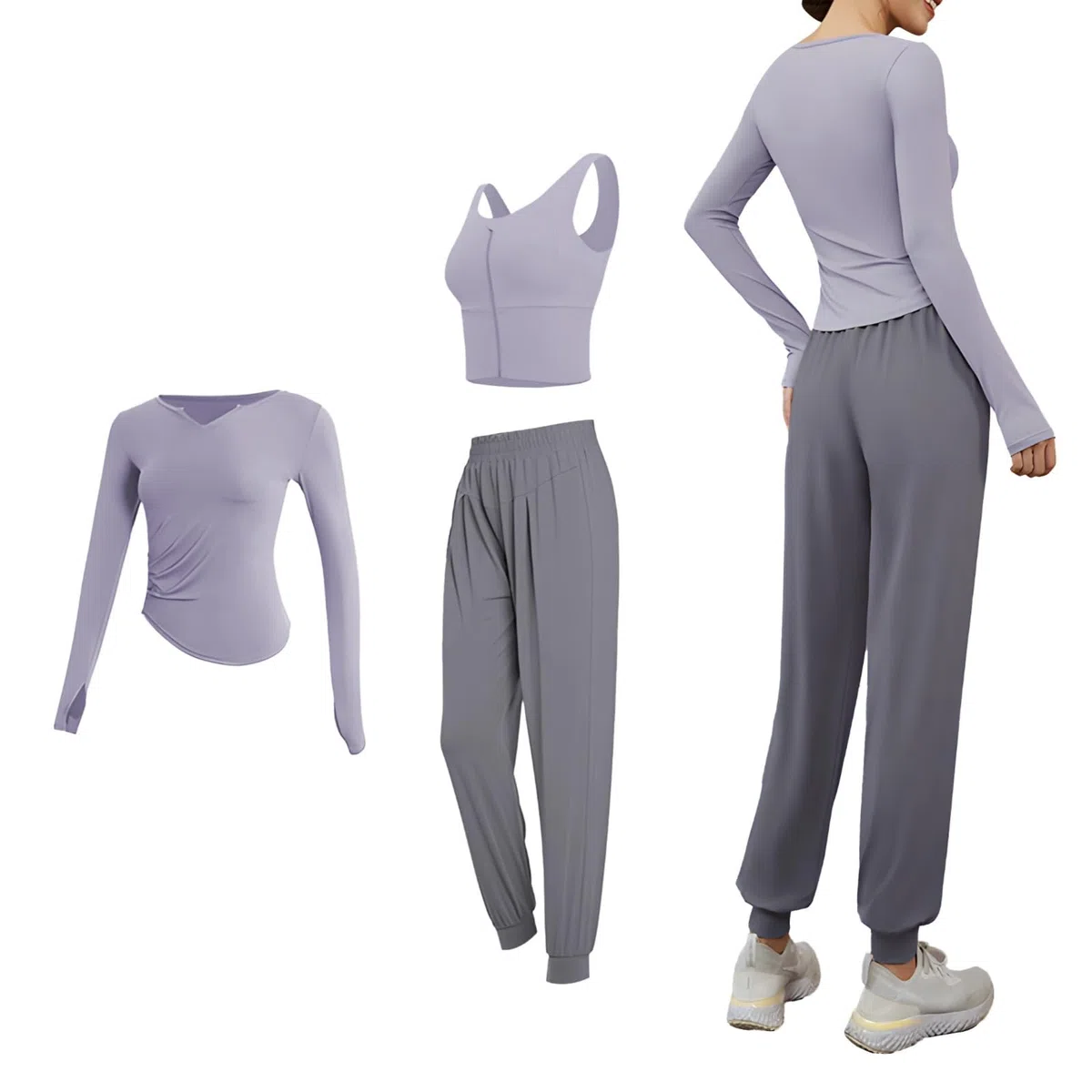 Set da allenamento da donna, 3 pezzi, con top a maniche lunghe, pantaloni da jogging e canotta senza maniche, per yoga, corsa e fitness, traspirante, ad alta elasticità, diversi colori e dimensioni
