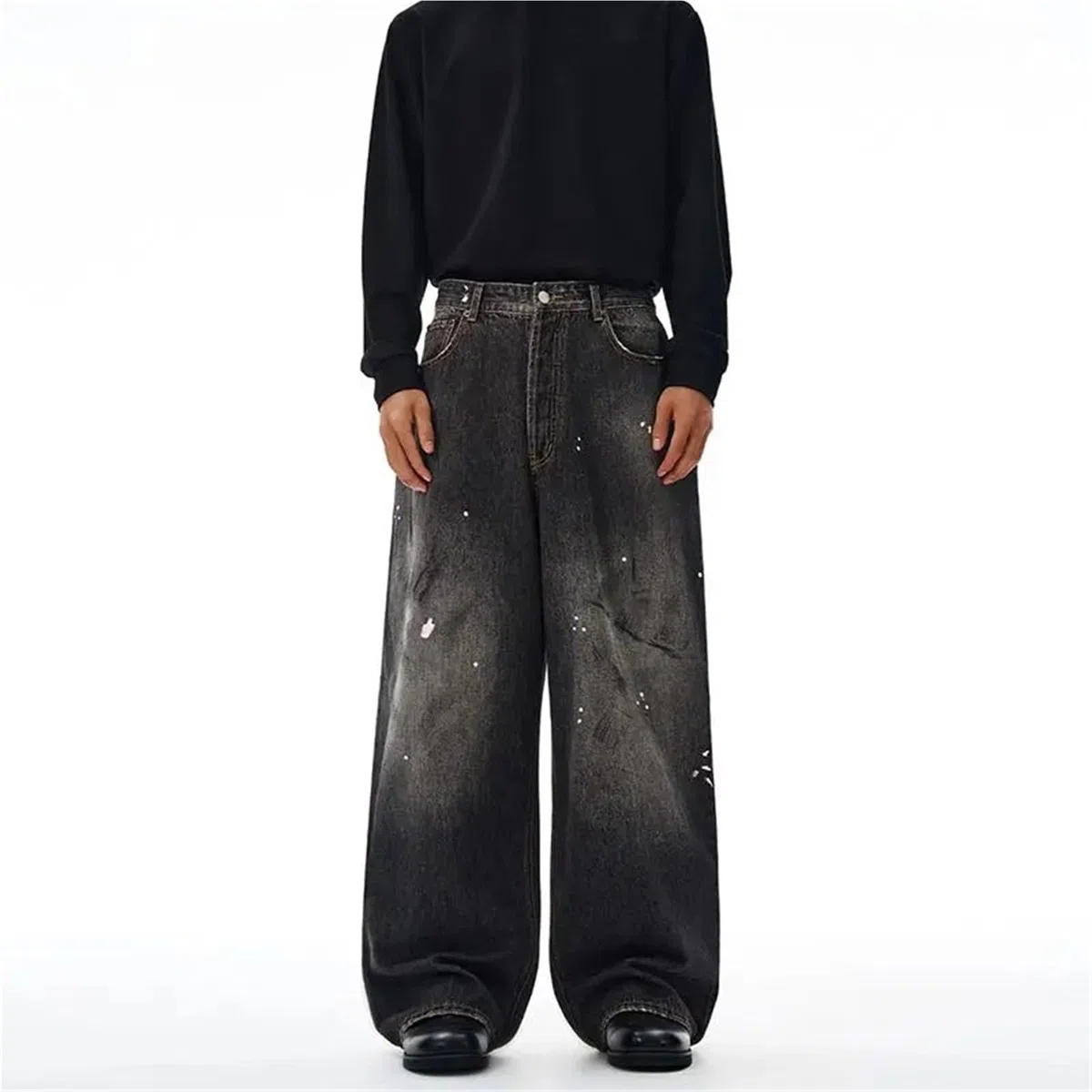 Uomini e Donne lavano Il Pavimento, Coppie Curve, Versatili, Pantaloni Lunghi Casual a Gamba Dritta, Jeans Larghi, Tinti di Sporco schizzati d'inchiostro per Il Tempo Libero E Le Vacanze