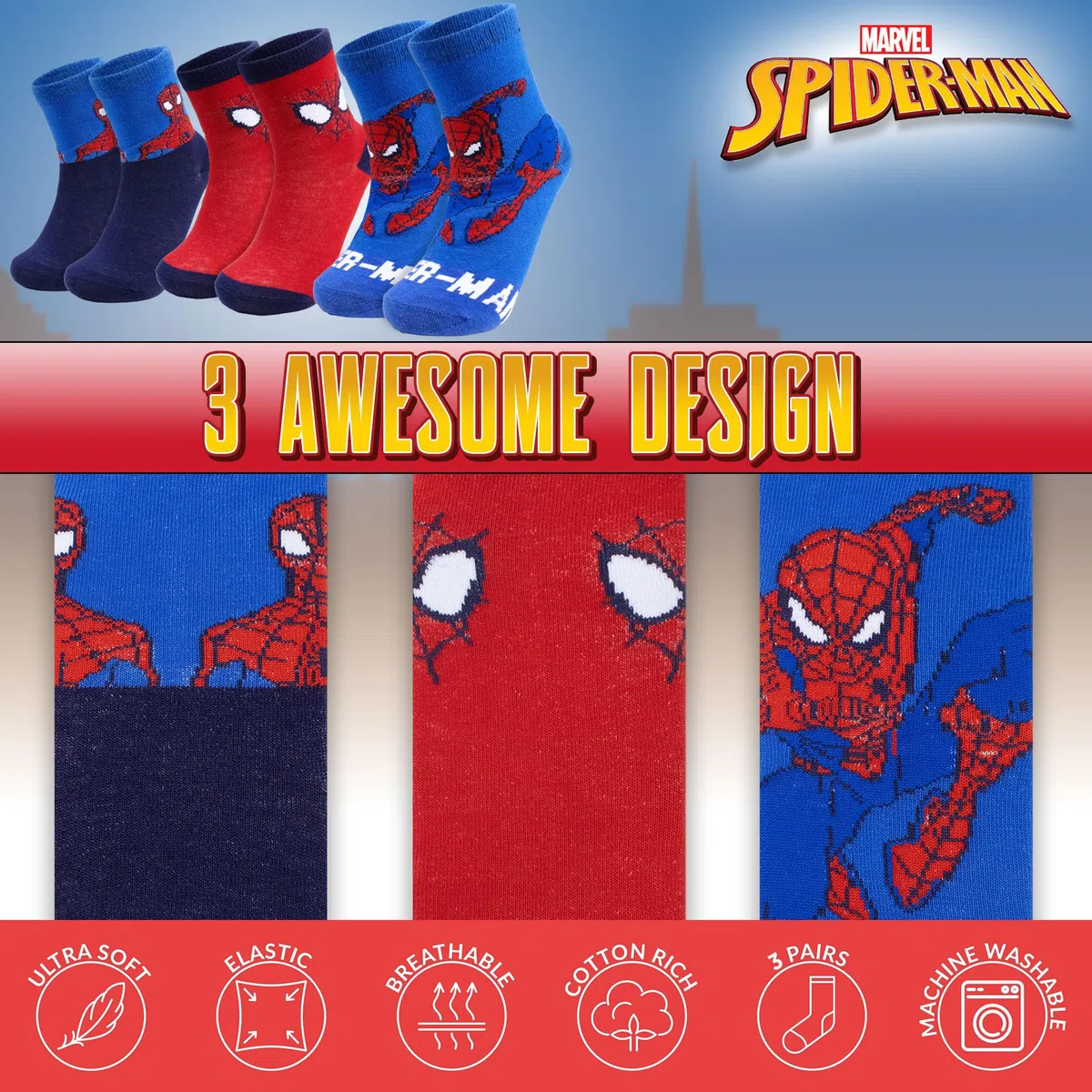 MARVEL Calzini per bambino Spiderman set 3 paia di calze in cotone bimbo 7113