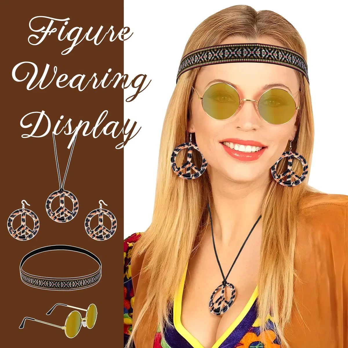 Costume Hippie Donna Anni 60 Anni 70 Gilet Nappa Occhiali da Sole Collana Orecchini Cerchietto Accessori Hippie Discoteca Festa di Halloween Natale Carnevale