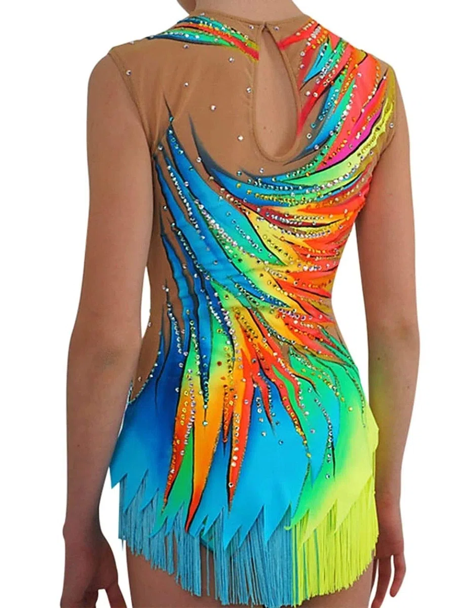 LIUHUO Body da donna per danza ritmica ginnastica ragazze colorato diamante nappe competizione prestazioni