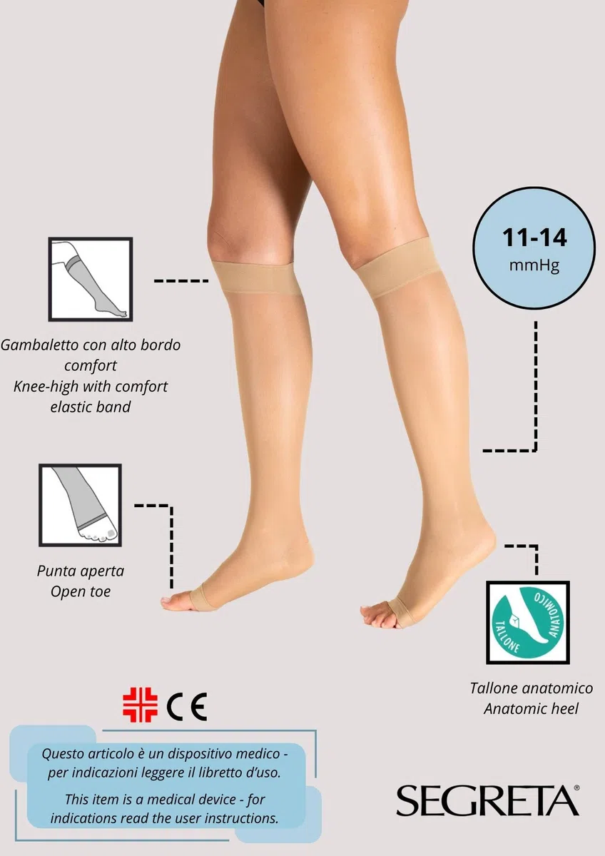 SEGRETA 00035 - Gambaletti Punta Aperta Uomo e Donna Compressione Graduata, Calze con Tallone Anatomico e Bordo Confortevole, 70 Den, 11-14 mmHg