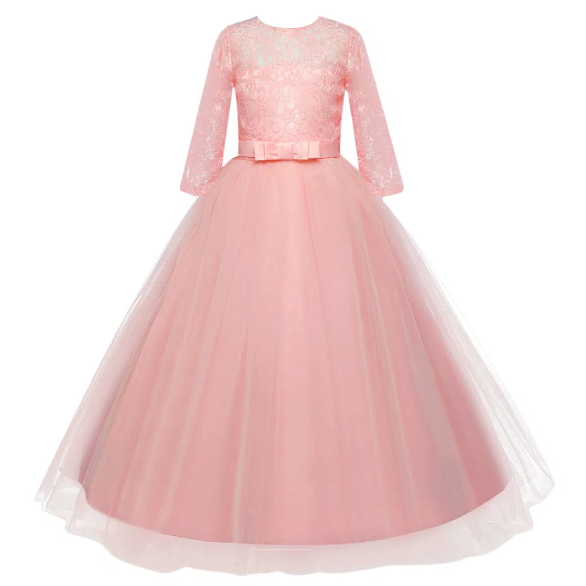 Abito da sposa con maniche a 3/4 in pizzo per damigelle d'onore prima comunione festa serale abito lunghezza pavimento vestito per bambini principessa concorso compleanno ballo ballo di carnevale