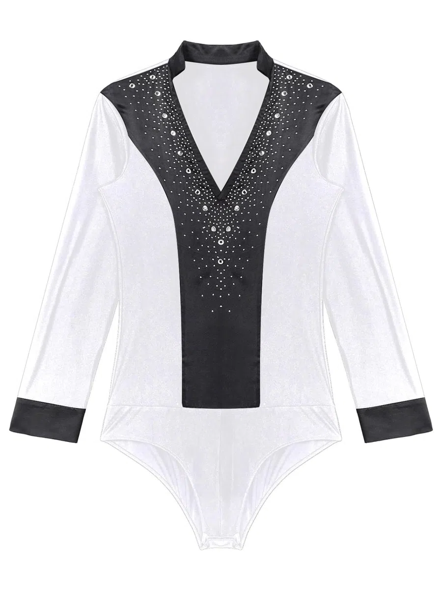 Jhaoyu Maglia da uomo con glitter latino, a maniche lunghe, con scollo a V, per ginnastica, tango jazz, danza