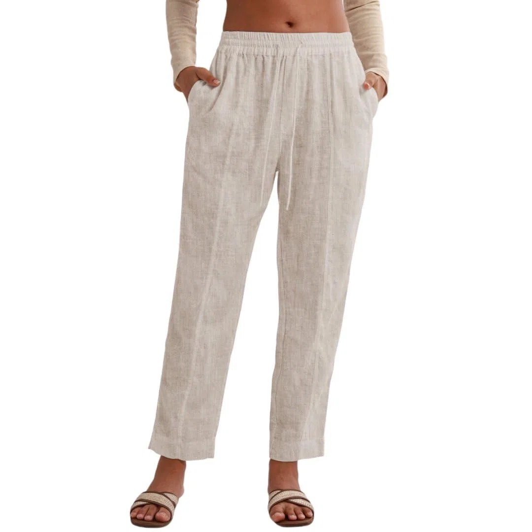 Amazhiyu Pantaloni da donna in puro lino estivo con elastico in vita con coulisse