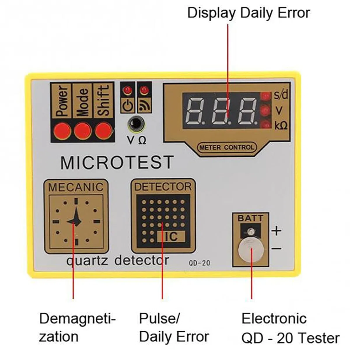 Tester per Movimenti di Orologi al Quarzo QD-20, Cronocomparatore Multifunzione con Display LCD - Smagnetizzatore Integrato e Monitoraggio della Frequenza in Tempo Reale per la Riparazione di Orologi