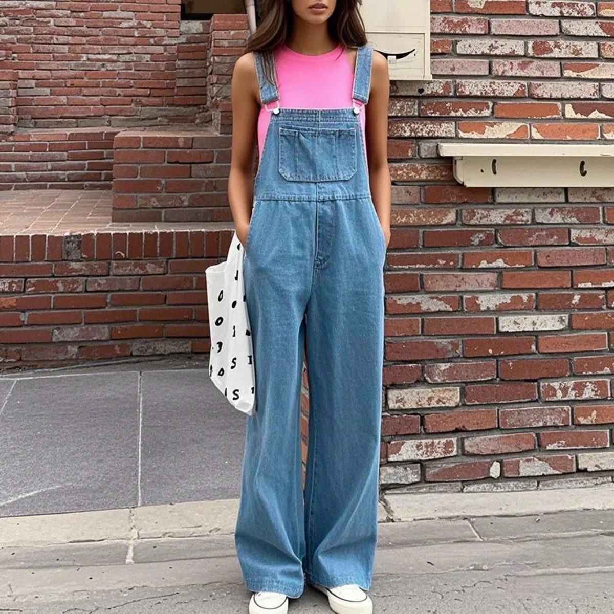 Salopette da donna, larga, in jeans, estivi, in stile retrò, eleganti e comodi con tasche, salopette in denim