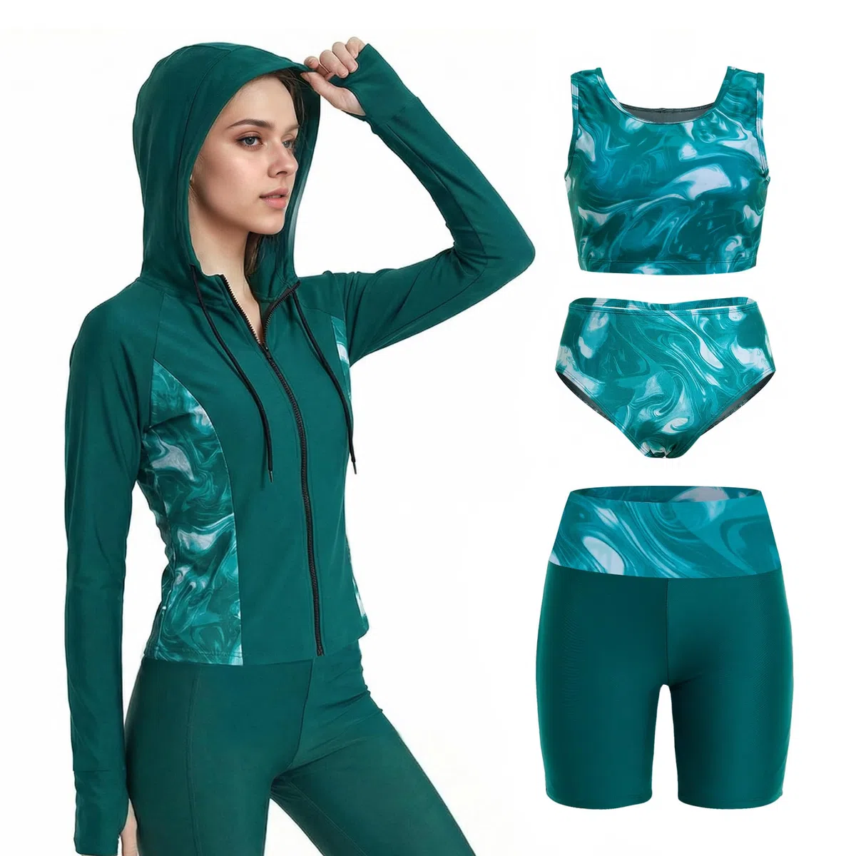 Owntop Costume da bagno da donna a maniche lunghe, protezione UV, con reggiseno integrato, set di 4 pezzi con protezione dai raggi UV per nuoto, surf e vacanze al mare
