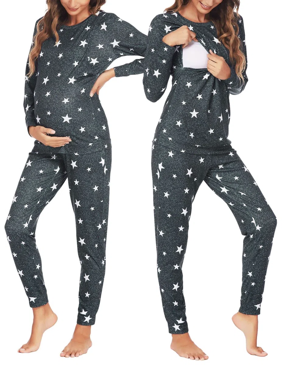 Ekouaer Pigiama Donna Premaman Pigiami maternità Invernali Manica Lunga Due Pezzi Abbigliamento da Notte Morbido, S-XXL