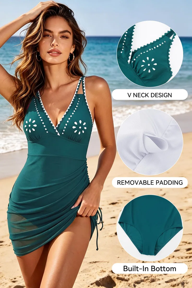 SHEKINI Costume Intero Donna Collo V Controllo Pancia Costume Intero con Gonna