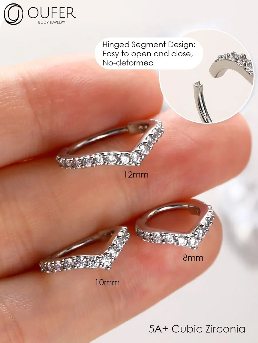 OUFER Cartilage Helix Earring Hoop 16G V-Shaped Orbital Conch Ring Gold Silver Tragus Rook Daith Piercings Jewellery Clicker CZ Snug Surgical Steel Forward Top of Ear Septum Nose Ring,8 10 12mm