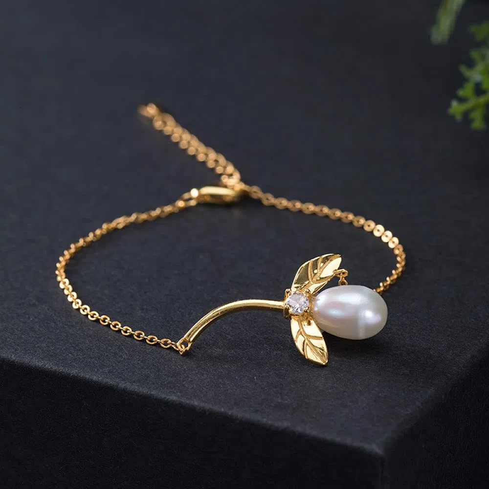 Girls Accessories Bracciale in Argento Sterling 925 Vintage per Donna Semplice Perla d'Acqua Dolce Foglia Dorata Gioielli Classici Fascino Spiaggia Estiva Birthday Gift