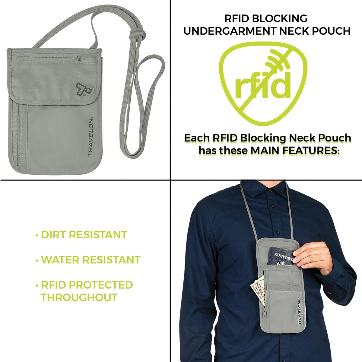 Travelon Undercover Neck Pouch RFID Blocking Travel Passport ID card Holder grigio