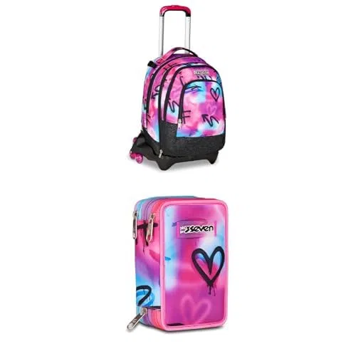 Seven Bundle Zaino Trolley Scuola Elementare Bambina Staccabile Astuccio Scuola Elementare, 3 scomparti, Medie, con Matite, Pennarelli, Penne, 3 Zip, Street Paint Girl, Bambina, Ragazza,