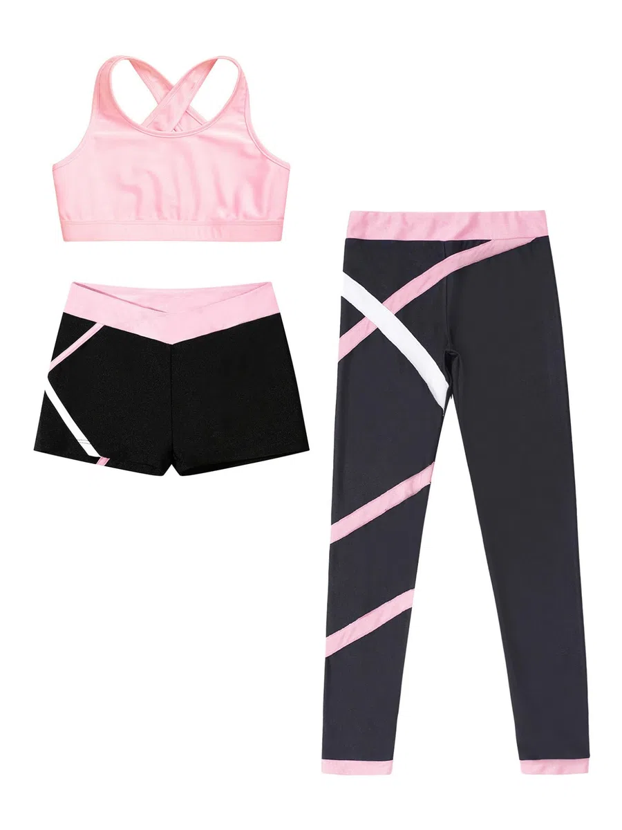 3-Set Completo Sportivo Bambina Tuta Ginnastica Artistica Crop Top Reggiseno Sportivo + Pantaloni da Jogging Leggings Sportivi + Pantaloncini Sportwear