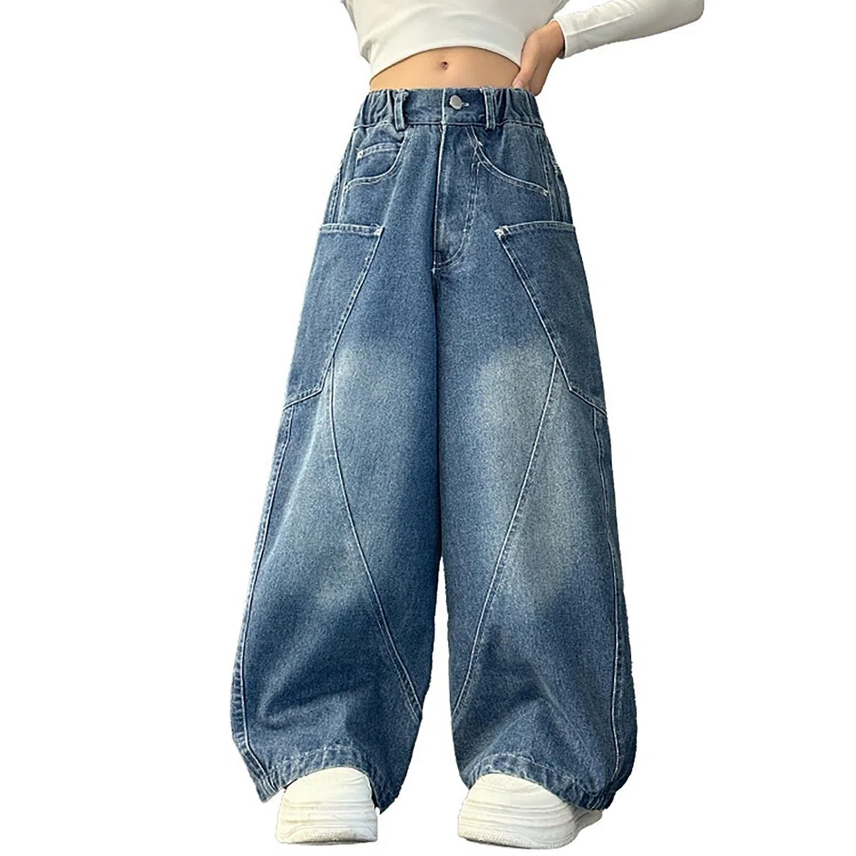 Bambini Ragazze Baggy Cargo Jeans Y2K Streetwear con Tasche Teen Girls Jeans a Gamba Larga Elastico in Vita Pantaloni Denim Vintage Flared Pantaloni della tuta Preppy Vestiti