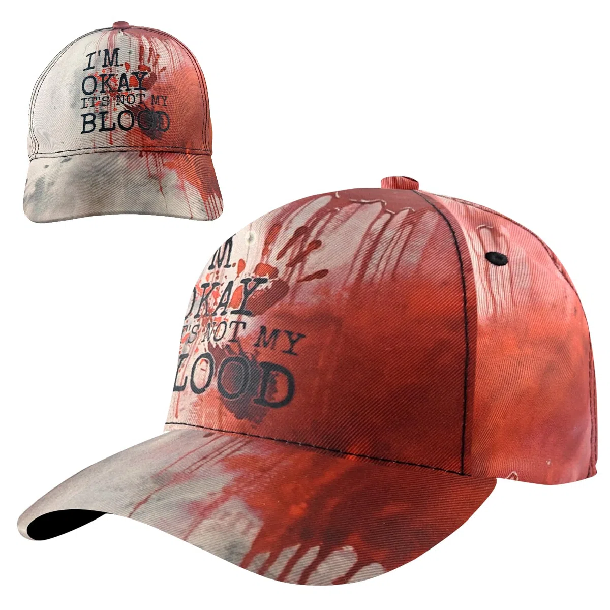 Cappellini da Baseball Halloween con Macchie di Sangue, I'm Ok, It's Not My Blood Cappellino Horror, Cappello da Baseball Unisex, Accessorio Cosplay per Festa Horror e Costumi