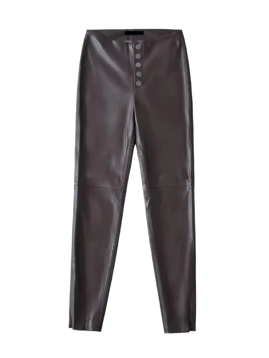 Pantaloni a matita skinny con bottoni in PU vintage da donna, eleganti pantaloni a vita alta in similpelle autunnali 1 pezzo Per Donna