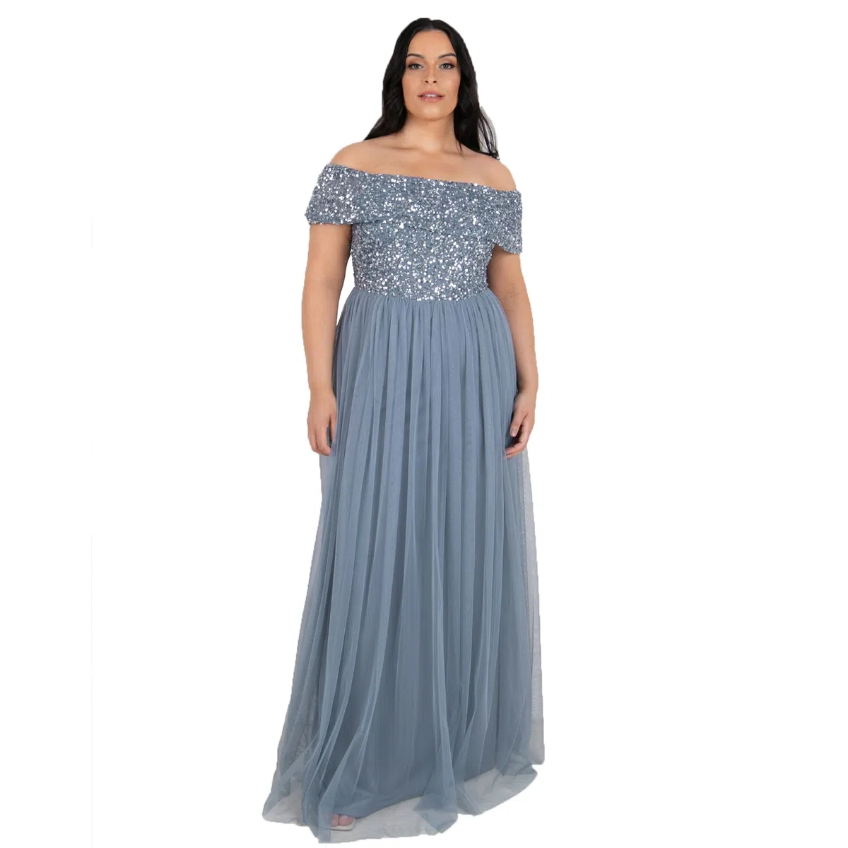Maya Deluxe Soft Grey Bardot Embellished Maxi Dress Vestito per Damigella donore Donna