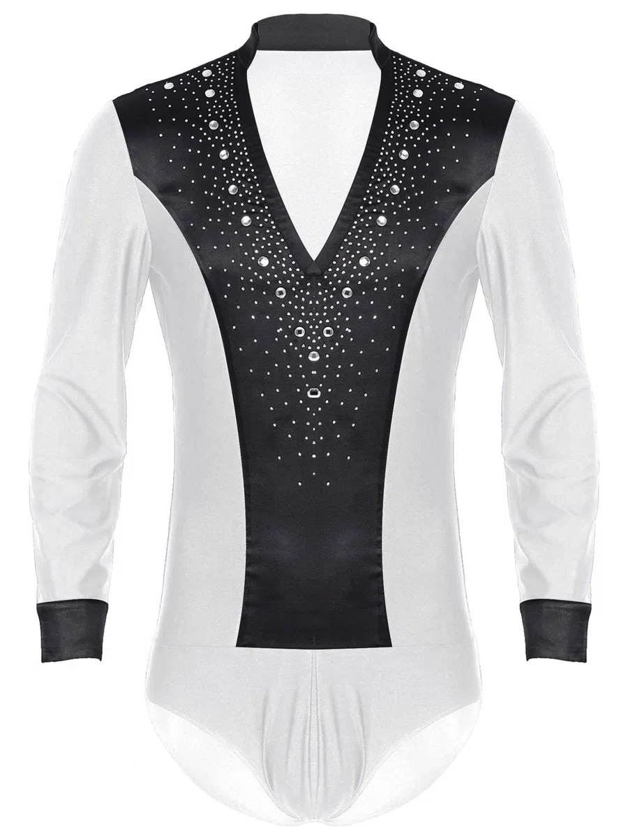 Jhaoyu Maglia da uomo con glitter latino, a maniche lunghe, con scollo a V, per ginnastica, tango jazz, danza