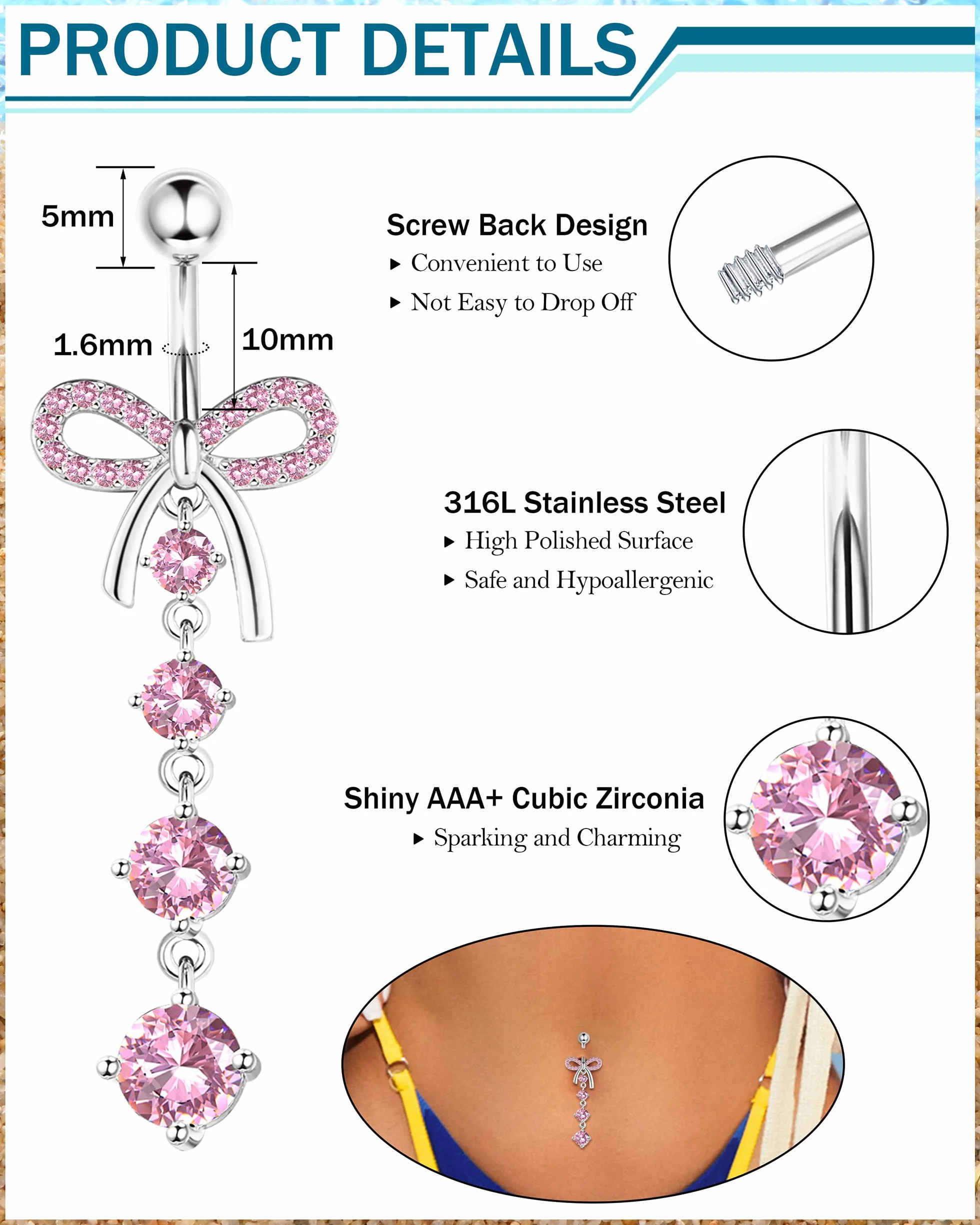 YADOCA 10 Pezzi 14G Piercing Ombelico per Donna Acciaio Chirurgico Rosa Blu CZ Farfalla Serpente Clicker Anelli Ombelico Set Piercing Ombelico Gioielli Piercing Corpo