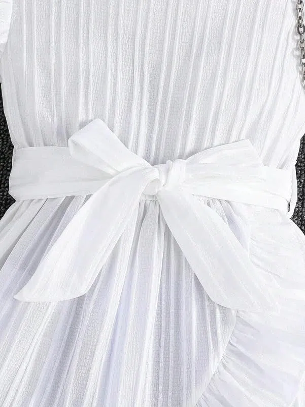 Niren Enterprise Vestito da bambina con volant, maniche a volant, fiocco in vita, elegante abito estivo e per feste di compleanno
