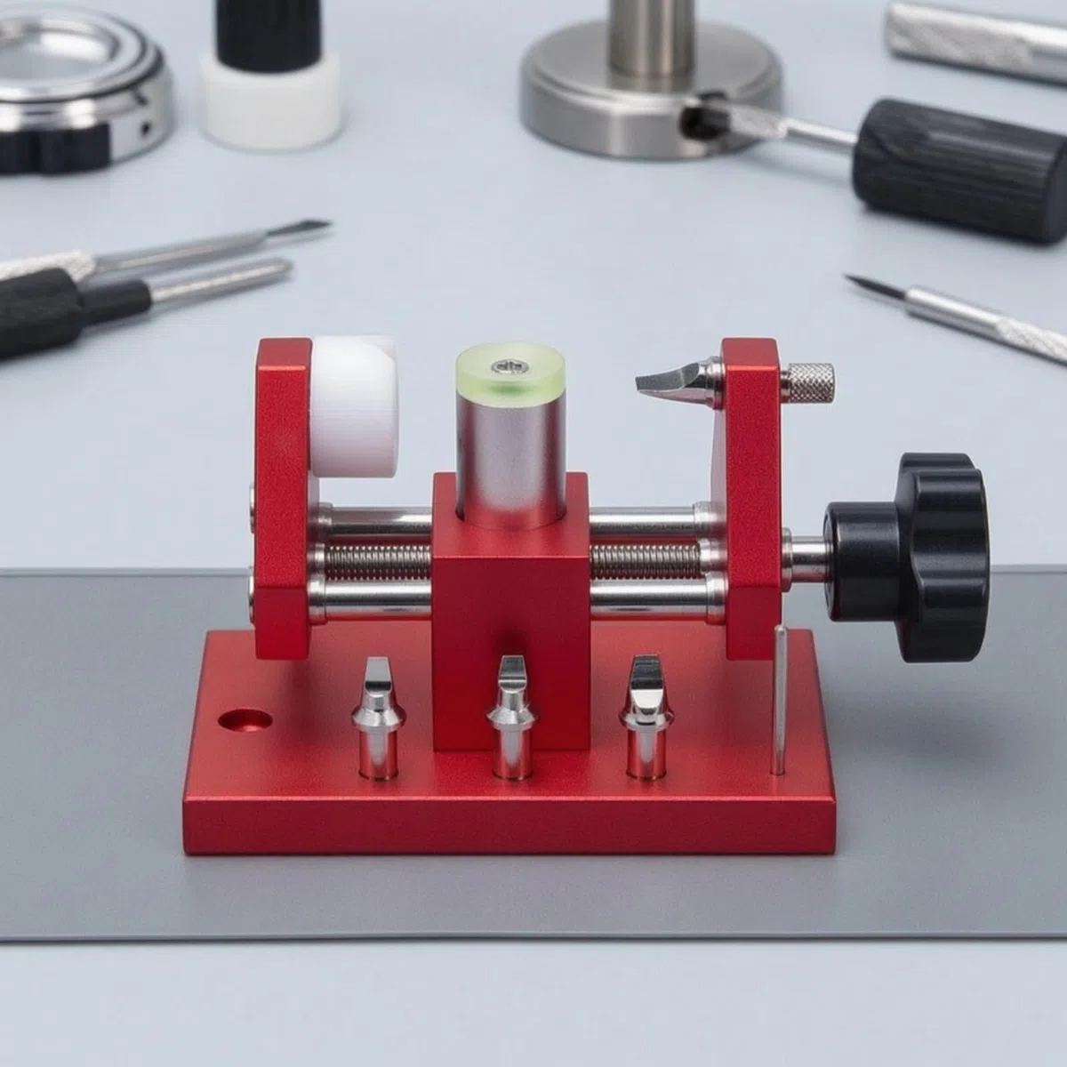 Apricasse Orologi Apricasse Dispositivo Fissaggio Strumento Riparazione Morsa Regolabile con Base in Metallo Anodizzato Adatto per Orologiai Laboratorio Banco di Riparazione