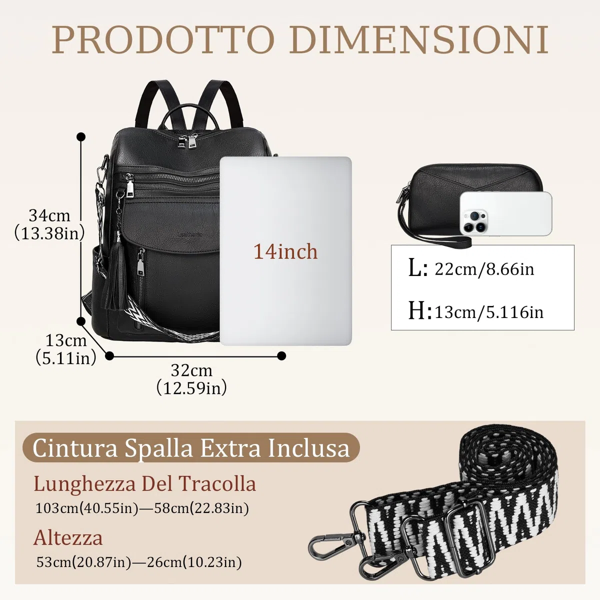Leathario Zaino da Donna in Pelle Vegana Impermeabile e Antifurto, Zainetto Elegante per Laptop, per Ufficio, Università e Viaggi(Nero Assoluto)