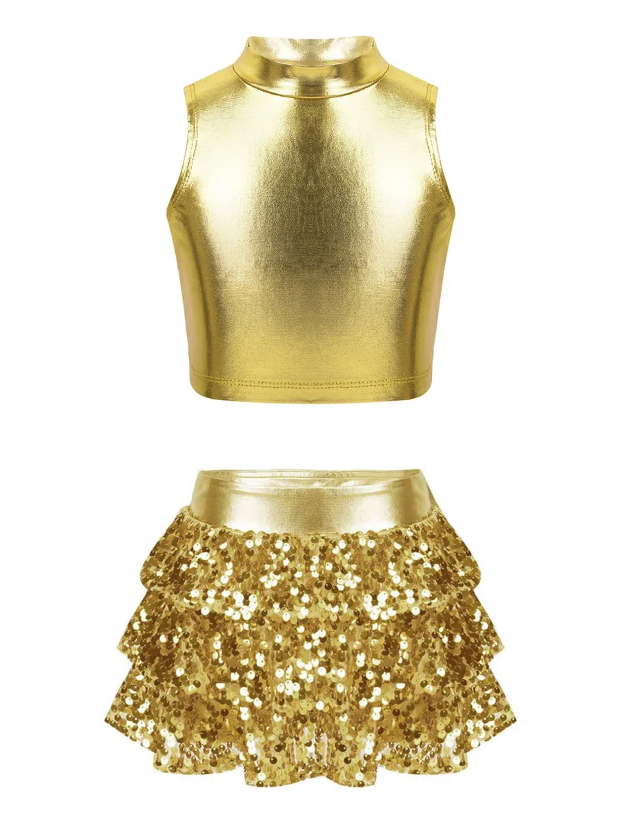 Agoky Tuta Danza Lucido Costume da Danza Bambina Ragazza Completi 2 Pezzi Crop Top a Manica Lunga Pantaloncini Gonna Culottes Tuta da Ballo Jazz Competiizione Dancewear C Oro 9-10 anni