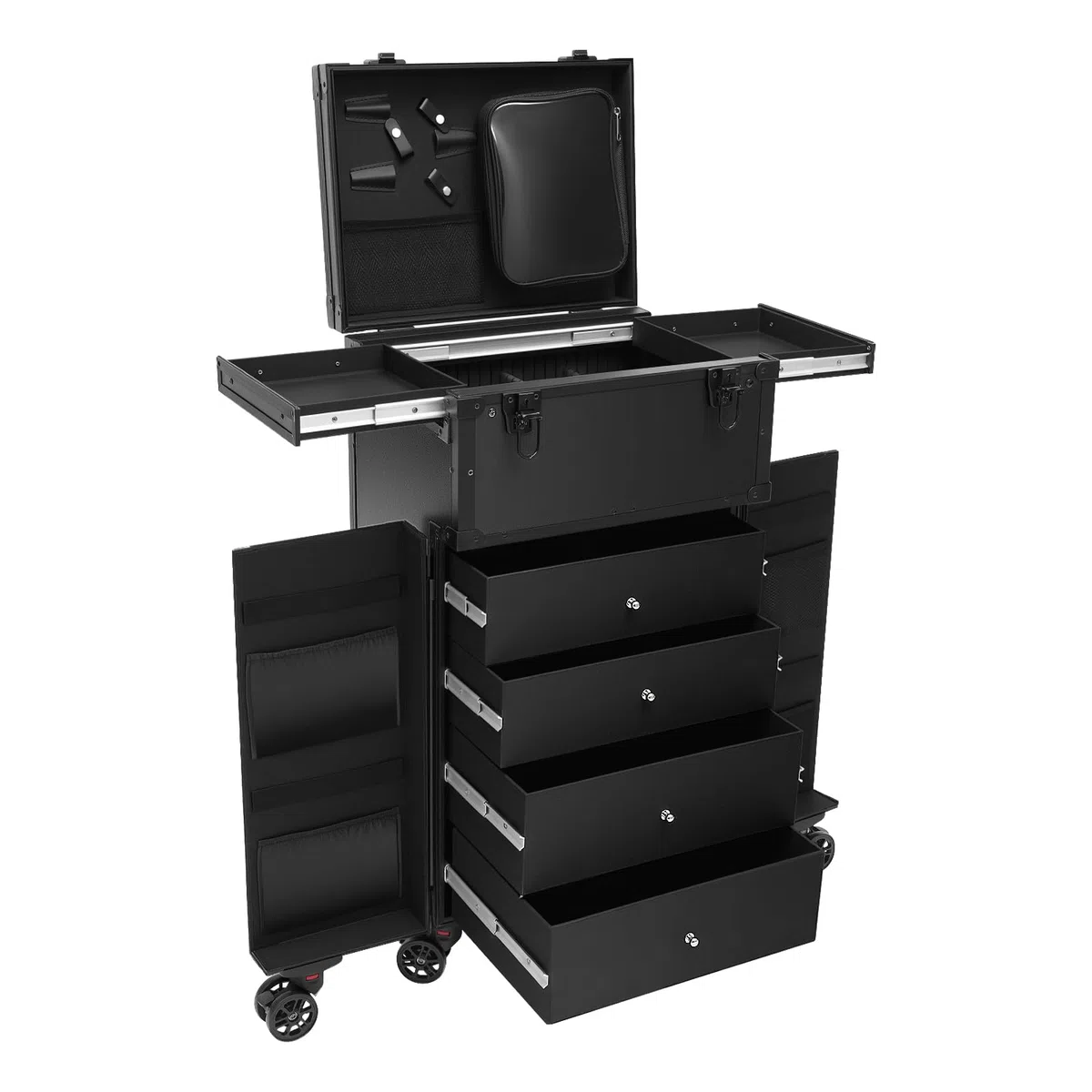 Valigetta cosmetica con 4 cassetti, per trucchi, parrucchieri, barbiere, con chiusura a chiave, grande beauty case per truccatori, parrucchieri, design delle unghie
