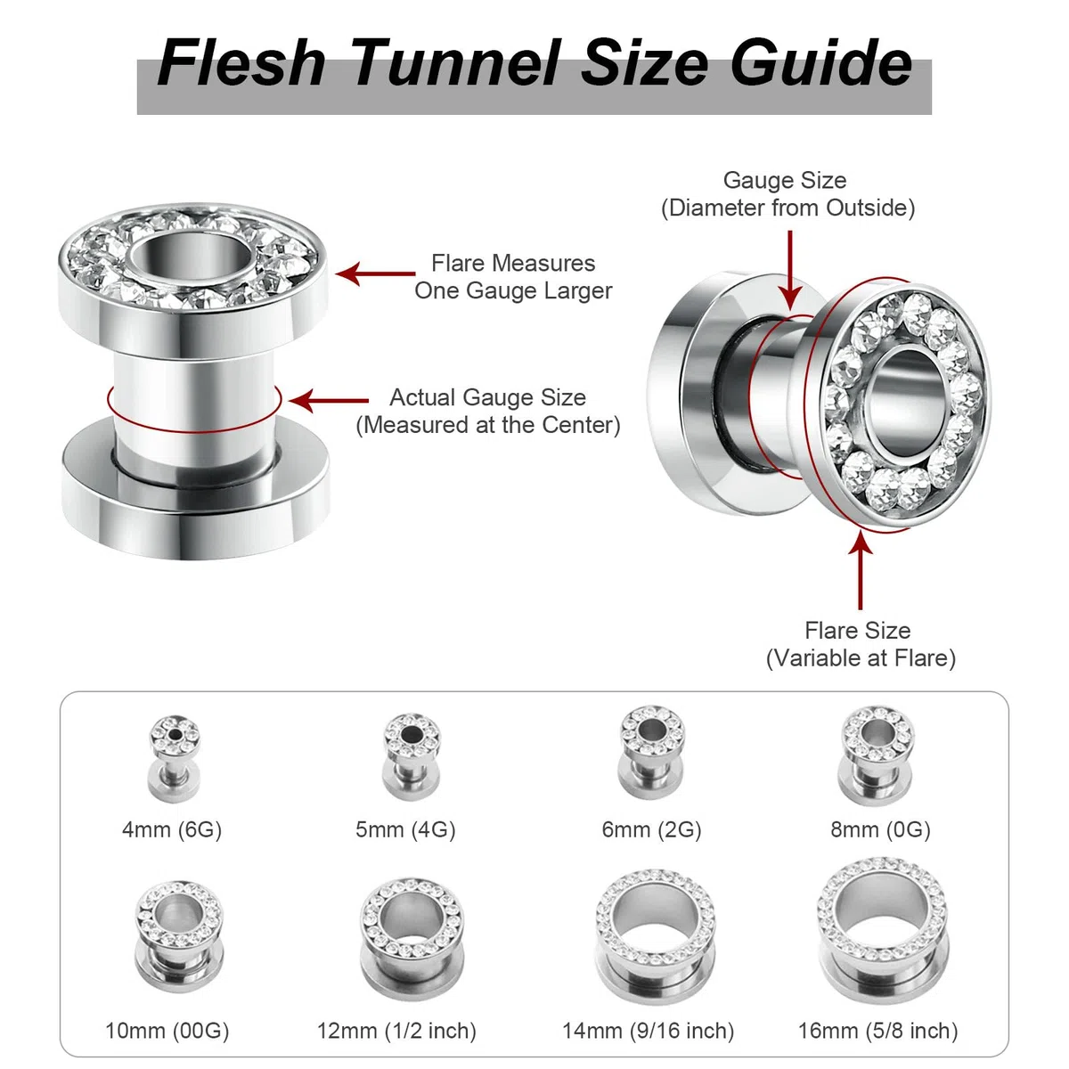 2 Pezzo Tunnel Dilatatore Orecchio Acciaio, Dilatatore Lobo Uomo 4-20mm con Zirconia Cubica Dilatatore Tunnel Argento