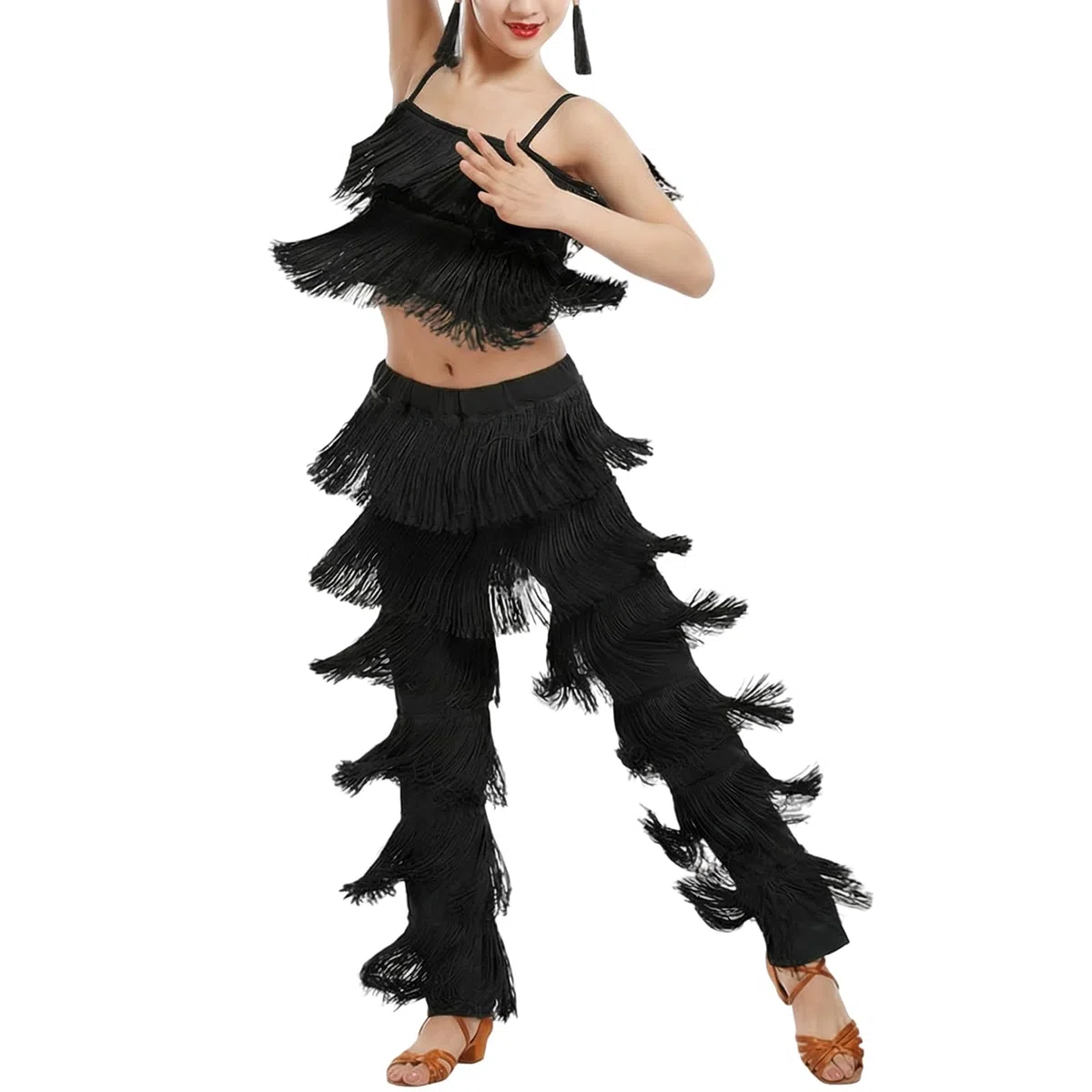 Set da Ballo con Frange da Donna Top e Pantaloni Lunghi 2 Pezzi Abbigliamento Ballo per Latino Salsa Bachata