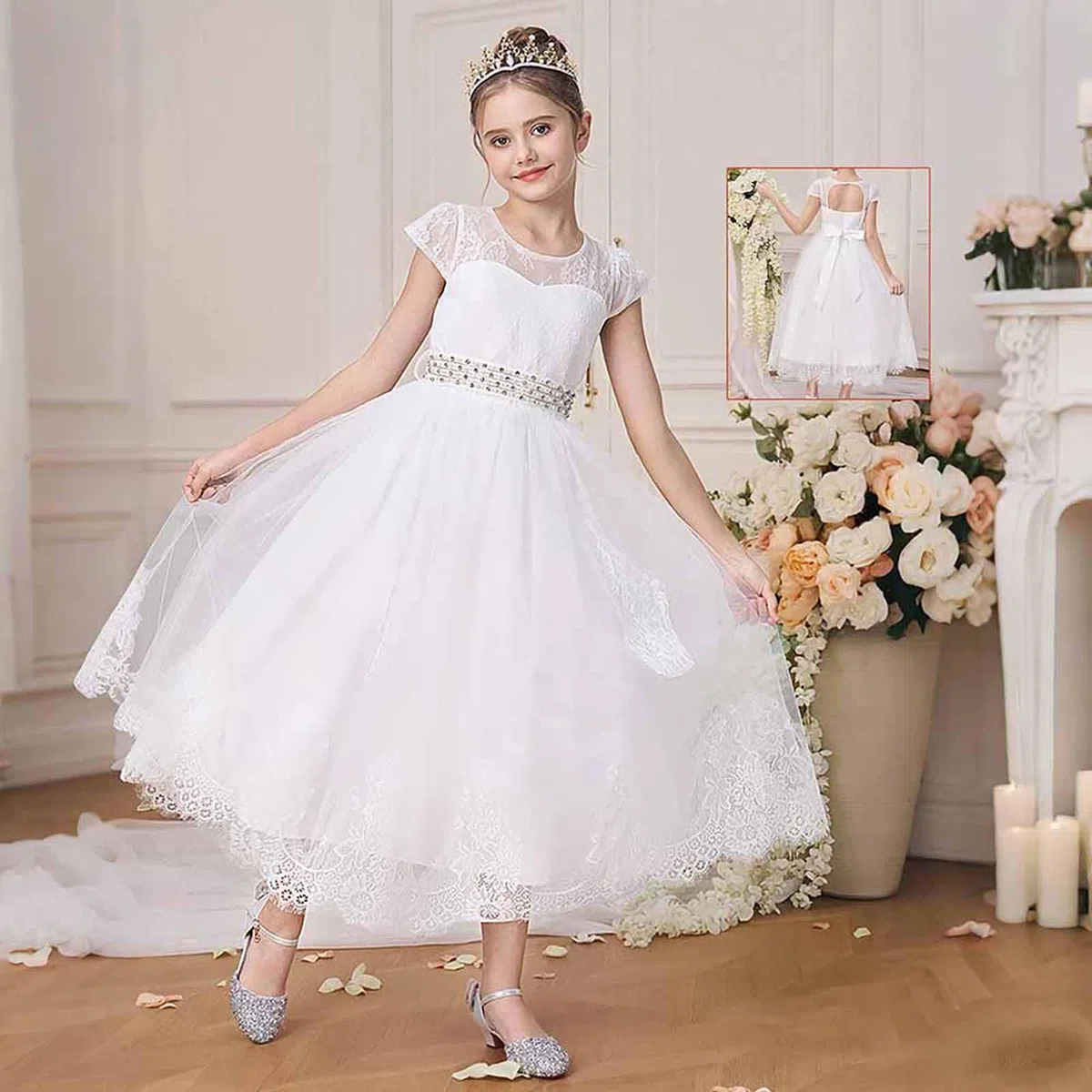 Prima Comunione Bambina 4-14 Anni in Misto Cotone con Maniche Corte e Gonna in Tulle Vestito Cerimonia Elegante Comunione Vestiti Abito Damigella Vestito Principessa per Festa, Spettacoli,