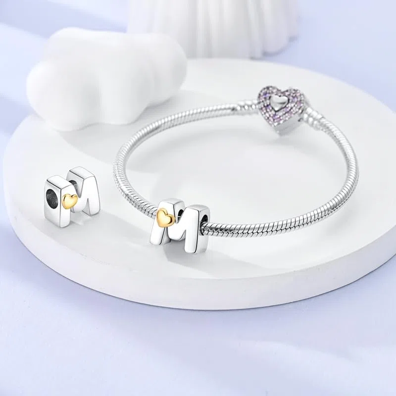 Bead Charm Ciondolo Argento Sterling 925 Lettere con Cubic Zirconia Pendenti per Pandora Braccialetti, Compatibile con Braccialetti e Collane europei