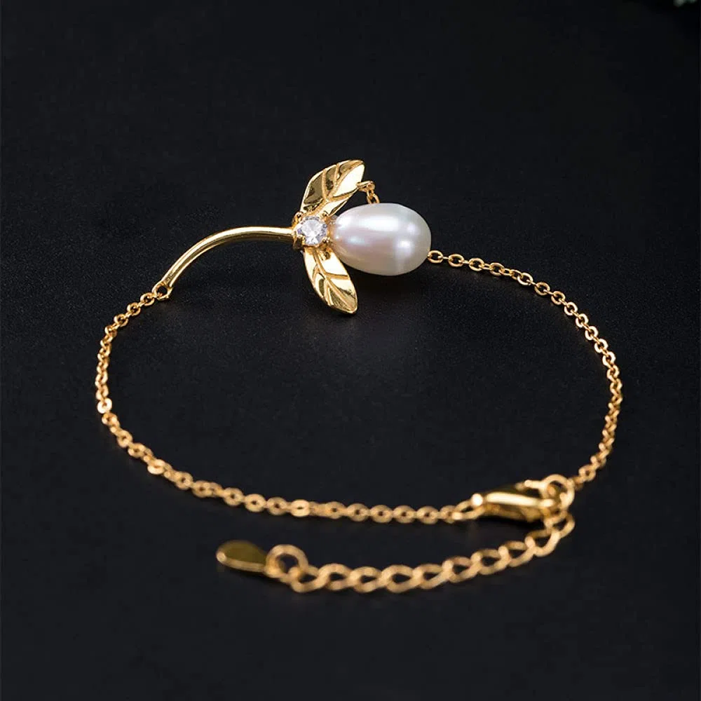 Girls Accessories Bracciale in Argento Sterling 925 Vintage per Donna Semplice Perla d'Acqua Dolce Foglia Dorata Gioielli Classici Fascino Spiaggia Estiva Birthday Gift